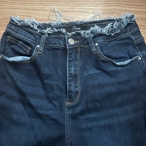 Dark Blue Frayed Hem Straight Leg Jeans